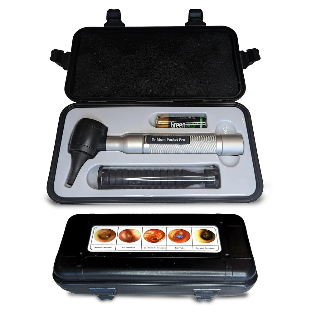 Doctor Mom LED Pocket Pro otoscope front view showcases durable aluminum body for home checks.
