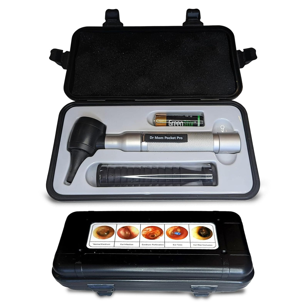 Doctor Mom LED Pocket Pro otoscope front view showcases durable aluminum body for home checks.