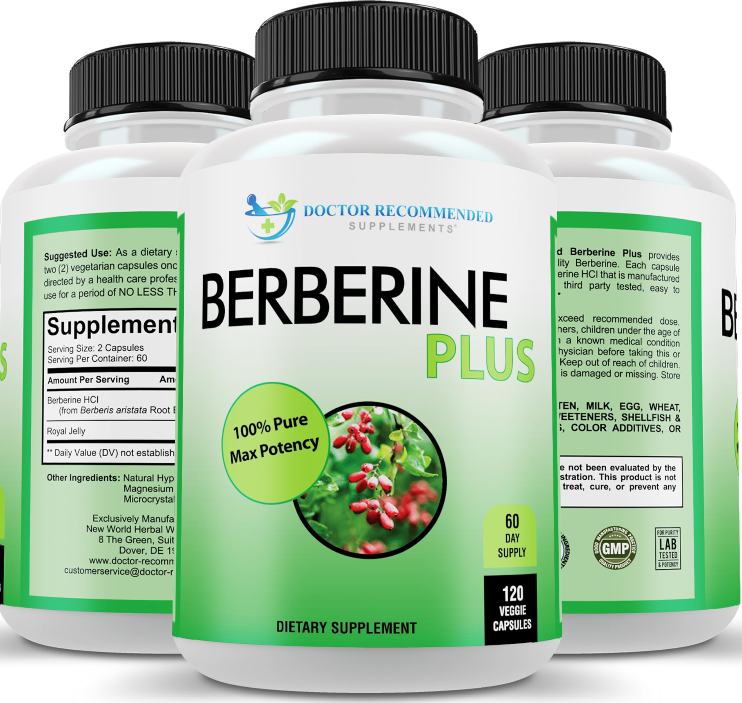 DOCTOR RECOMMENDED SUPPLEMENTS Berberine Plus bottle with 120 veggie capsules for daily use.