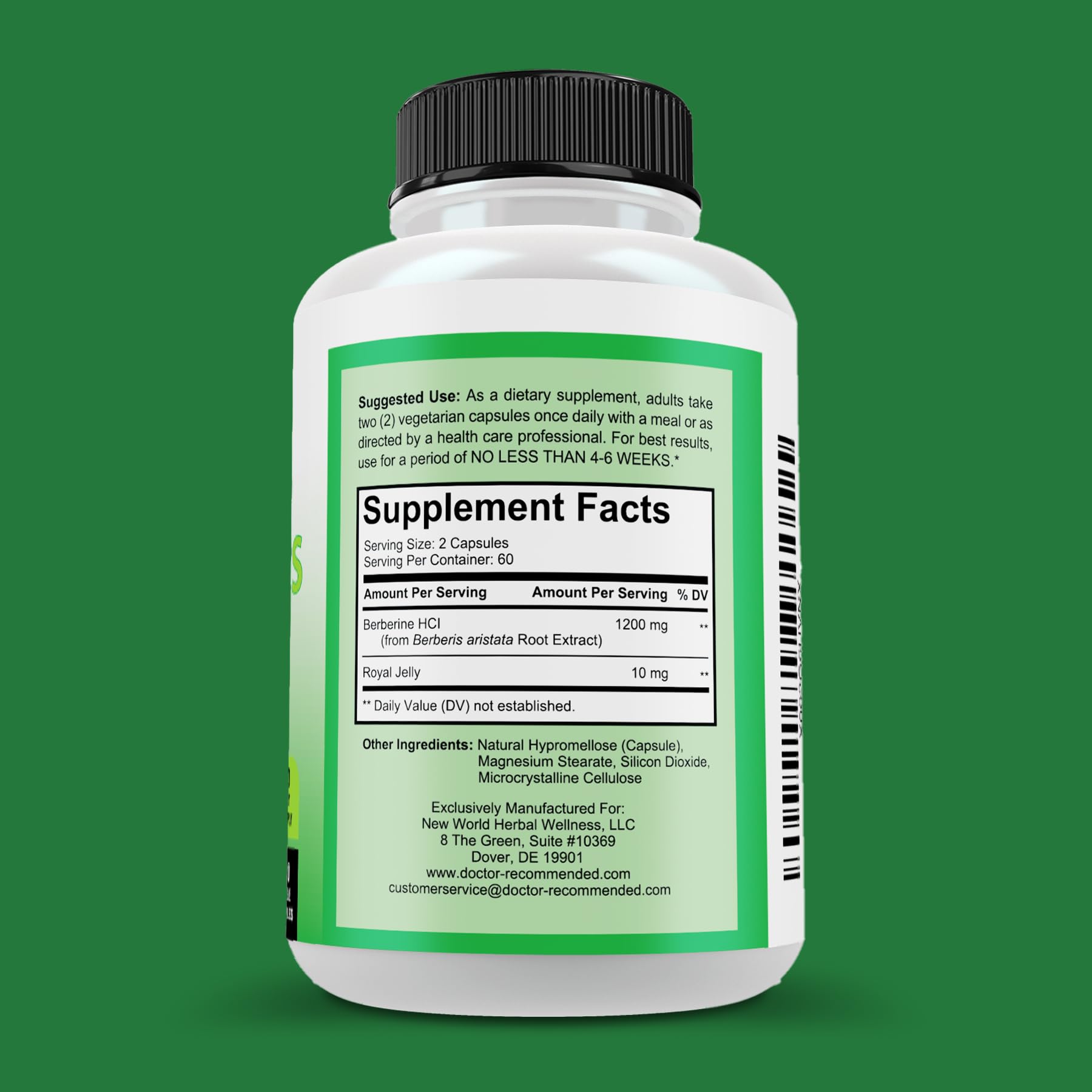 Close-up of Berberine Plus capsules highlighting a pure Berberine HCl formula.