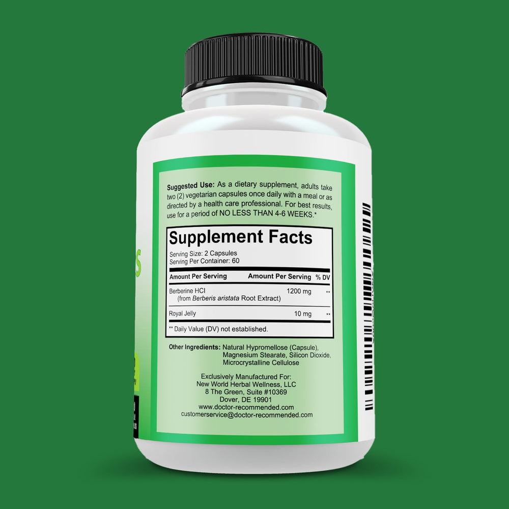 Close-up of Berberine Plus capsules highlighting a pure Berberine HCl formula.