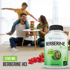Front of Berberine Plus packaging showing brand and quality certifications.