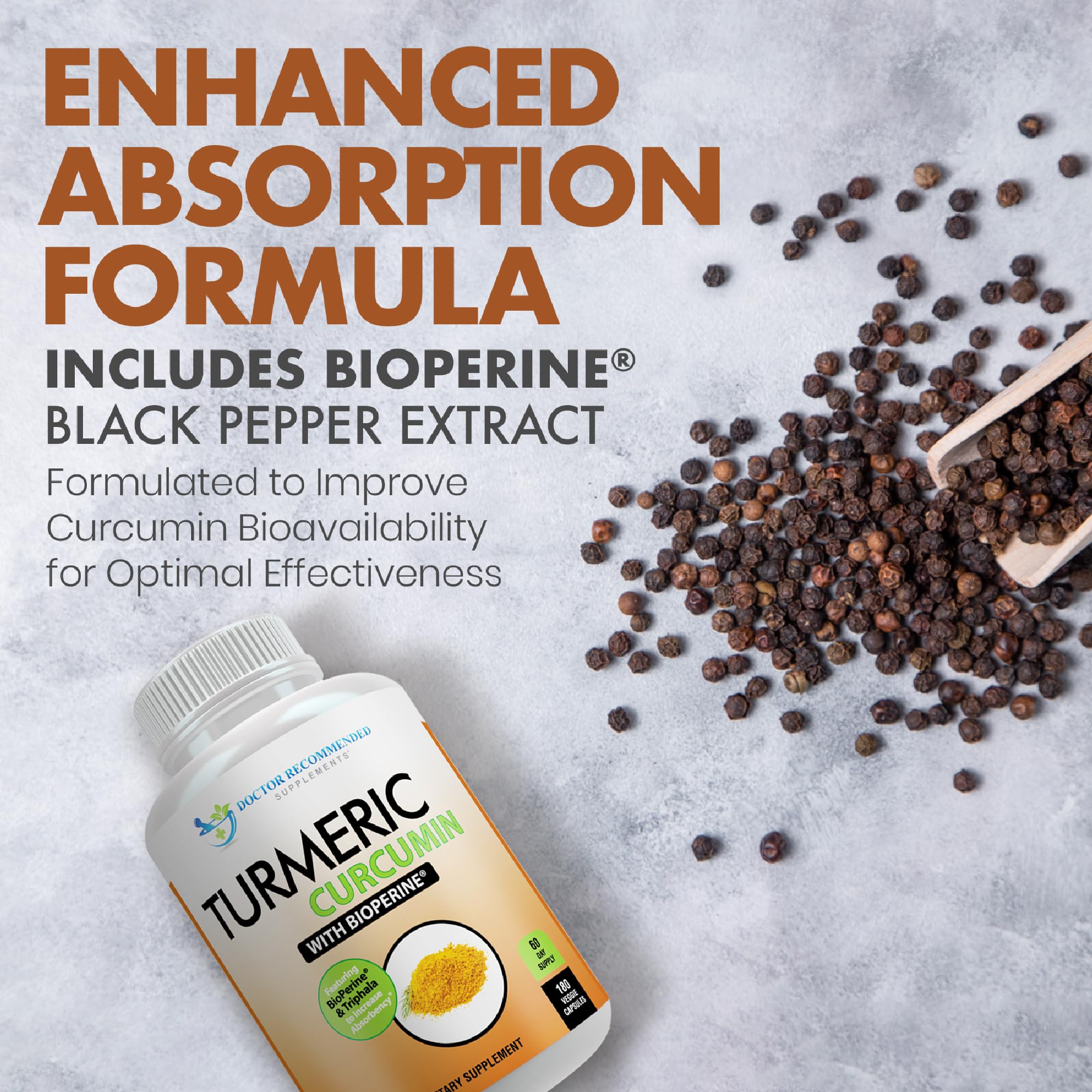DOCTOR RECOMMENDED SUPPLEMENTS Curcuminoids 95% closeup emphasizes potency.