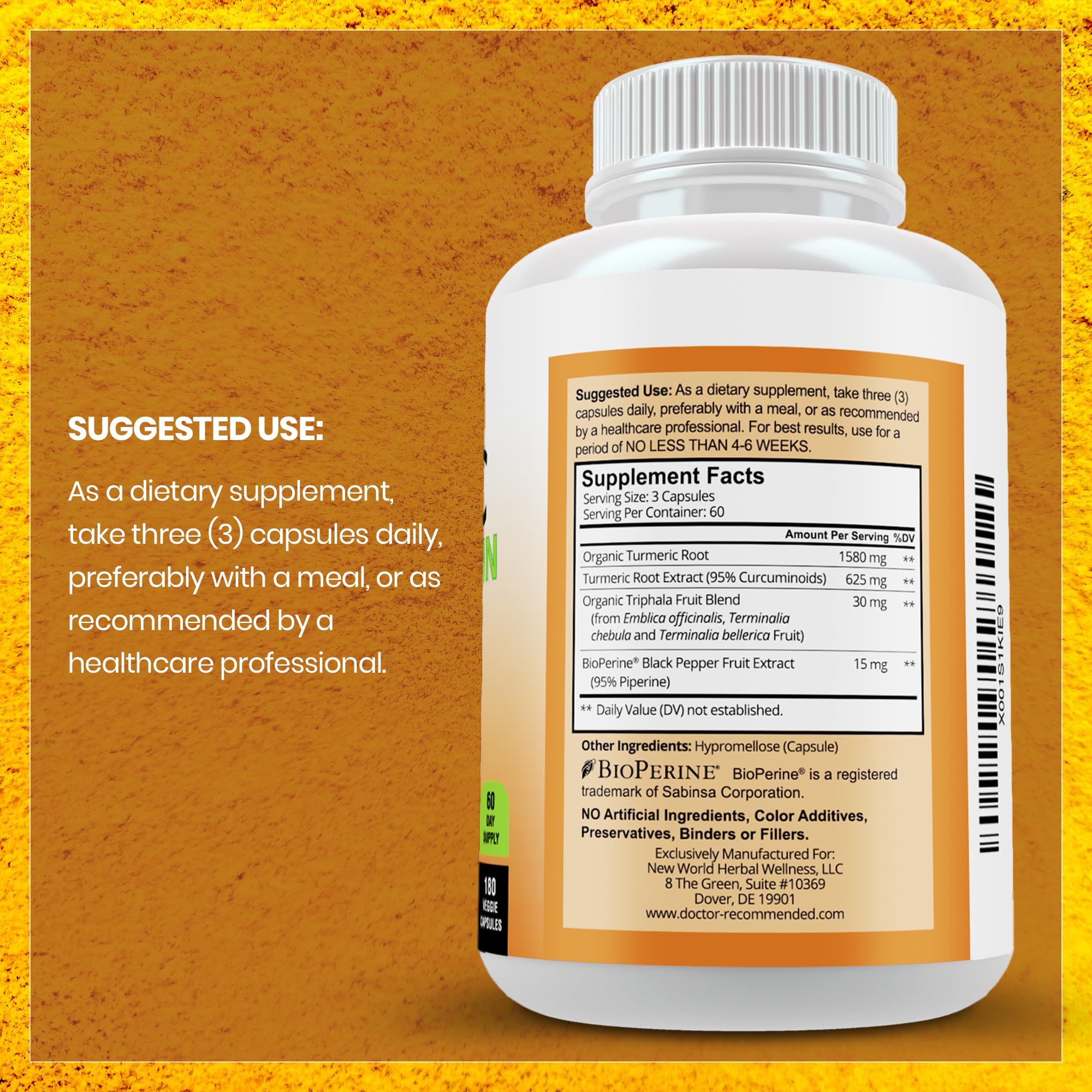 DOCTOR RECOMMENDED SUPPLEMENTS Turmeric label closeup reveals 95% curcuminoids.