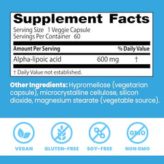 Doctor's Best Alpha Lipoic Acid label close-up showing gluten-free and soy-free ingredients