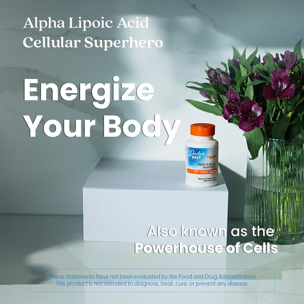 Clear view of alpha-lipoic acid supplement bottle with dose label