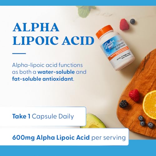 Vegan capsules of Doctor's Best ALA with a glass of water ready for daily use