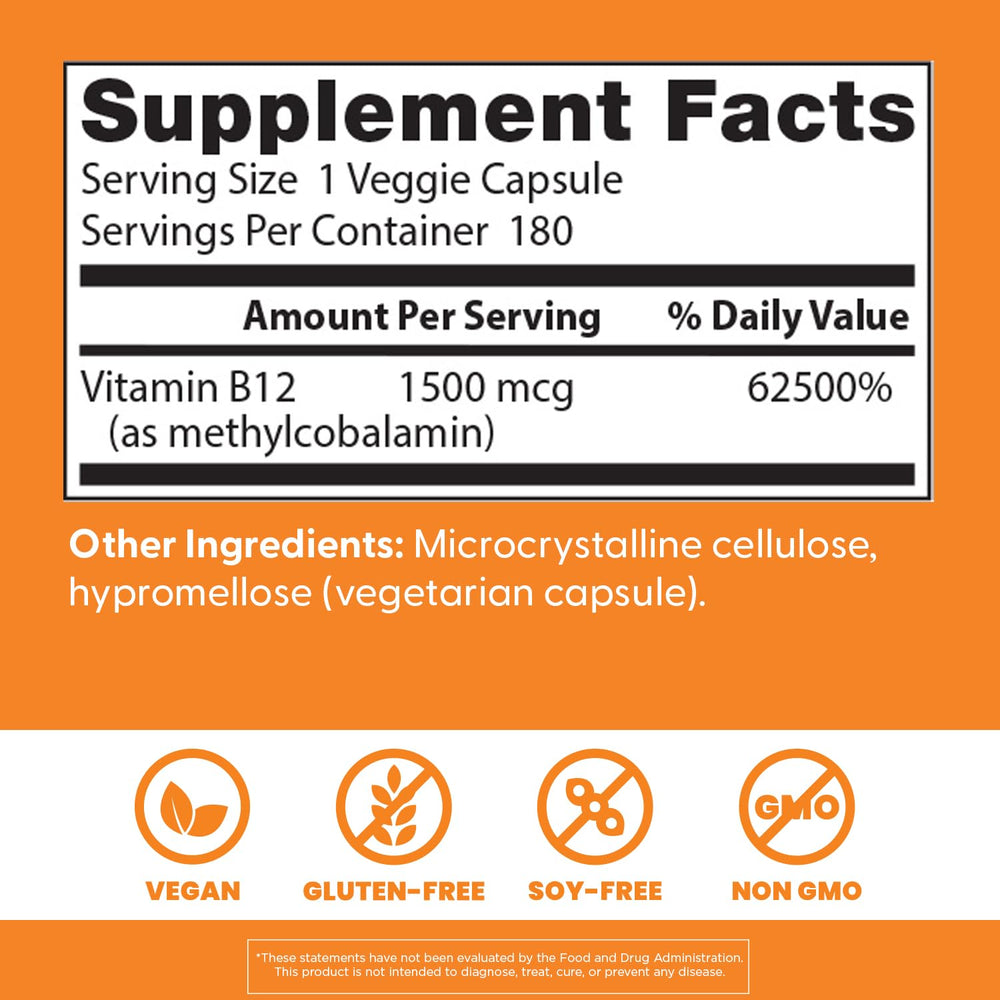 Doctor's Best B12 methylcobalamin capsules beside ingredients label