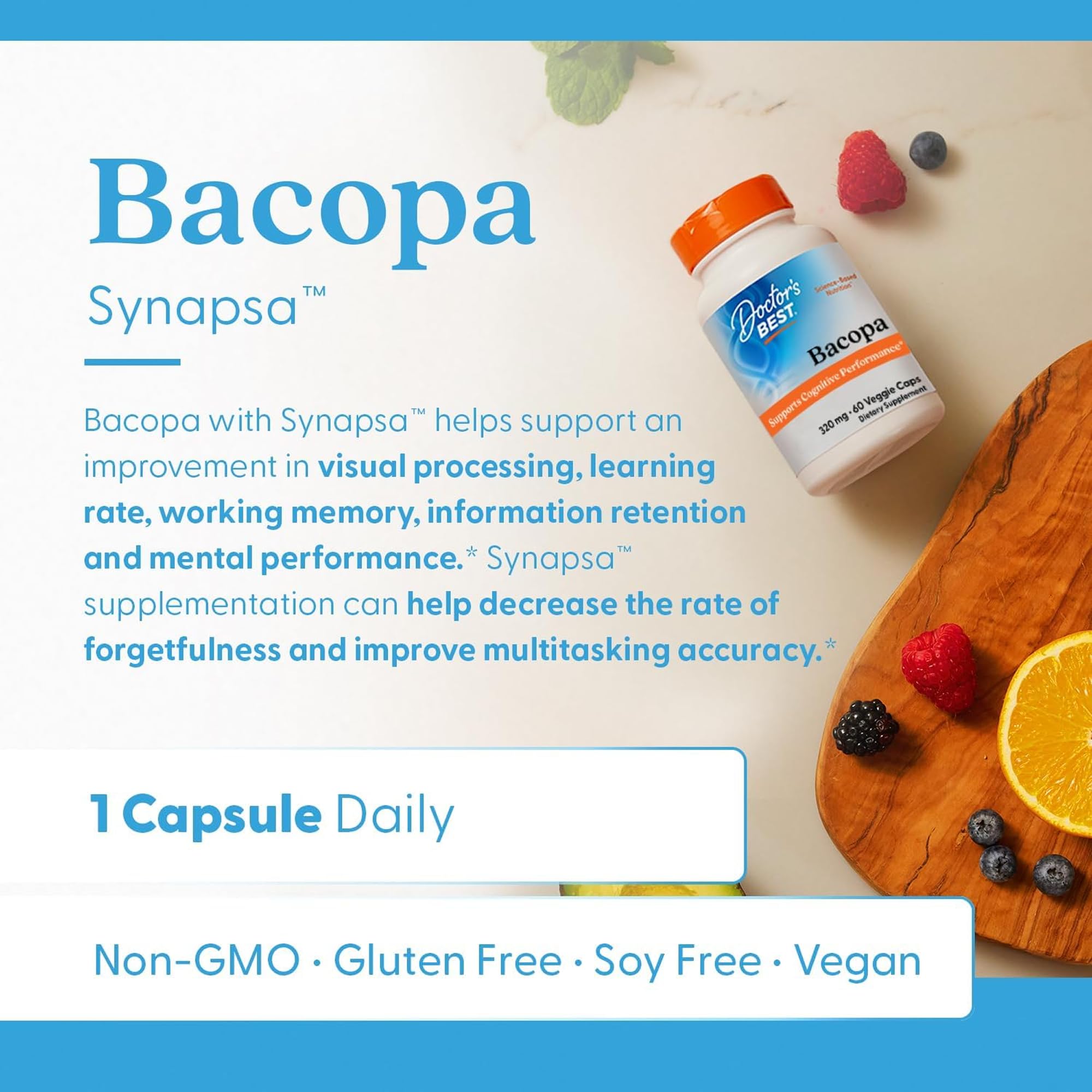 Doctor's Best Bacopa capsules closeup illustrating simple daily intake.