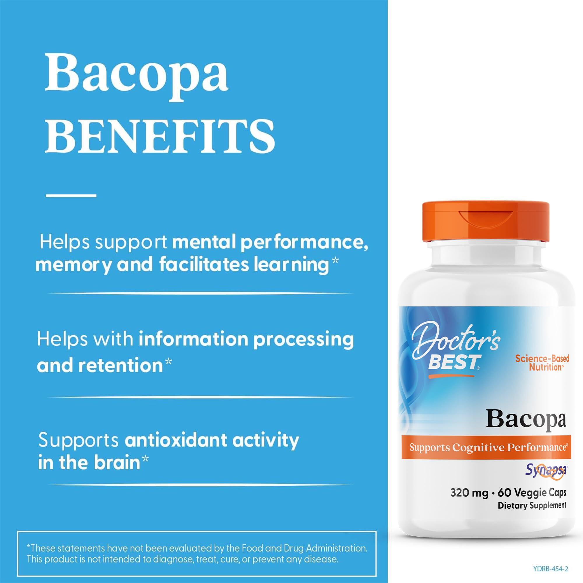 Doctor's Best Bacopa label closeup featuring Synapsa standardized bacopa extract.