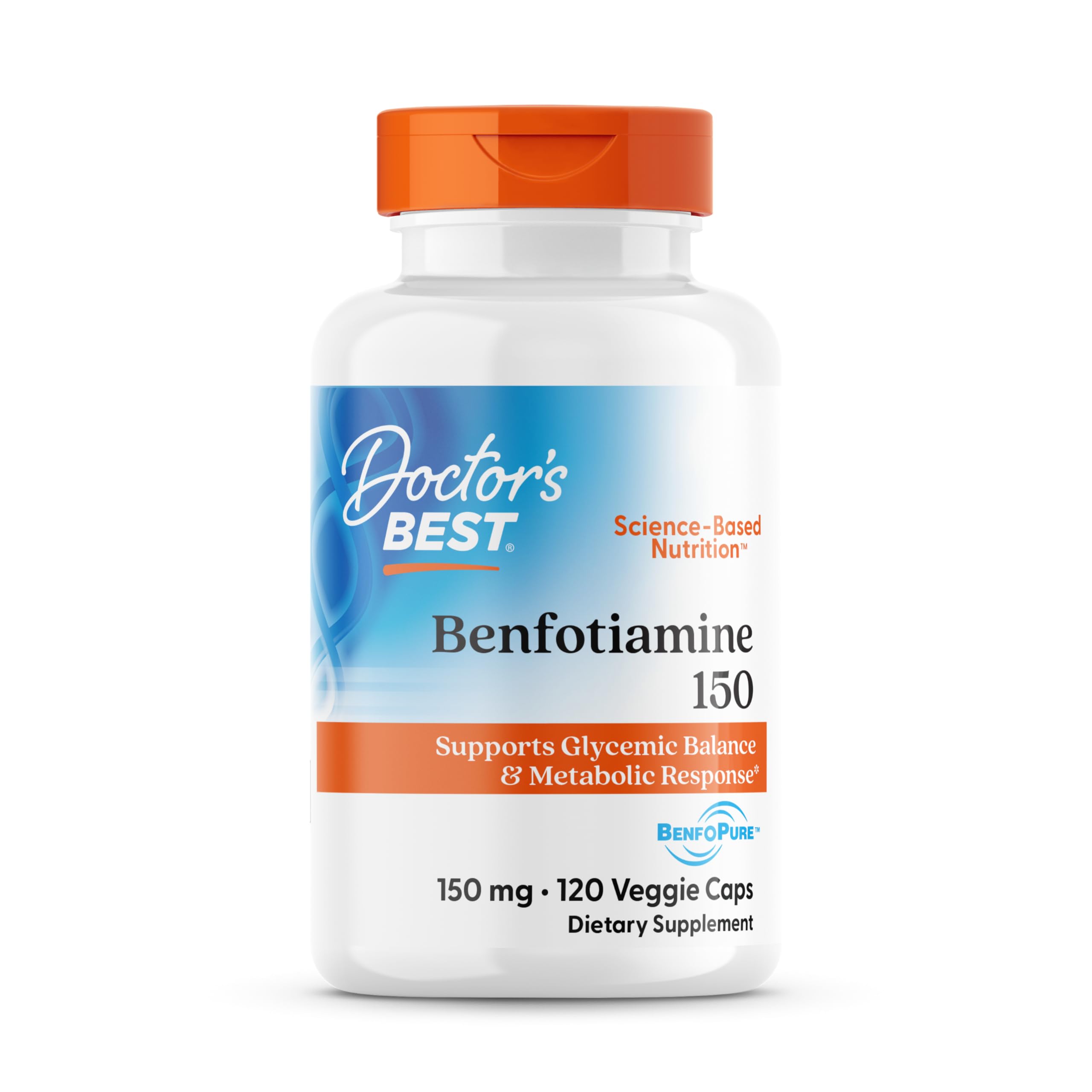 Doctor's Best Benfotiamine 150mg bottle closeup highlighting bioavailable vitamin B1