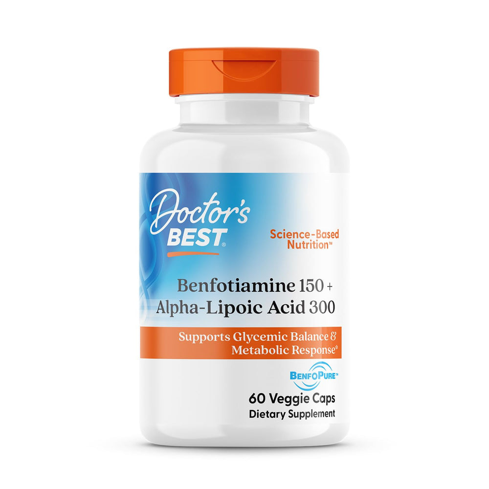 Doctor's Best benfotiamine-ala bottle for metabolic support in a convenient daily capsule.