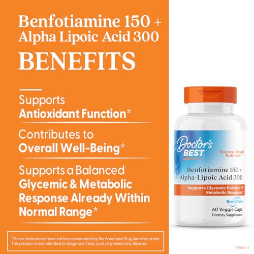 Doctor's Best benfotiamine-ala capsules ready for daily use with or without meals.