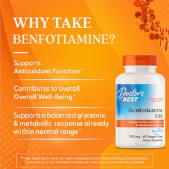 Close-up of Doctor's Best Benfotiamine capsules for glucose metabolism support.