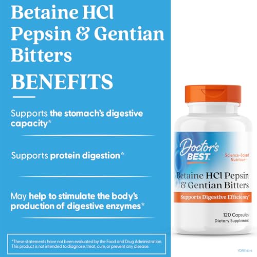 Doctor's Best betaine HCI pepsin capsules ready for protein digestion support.