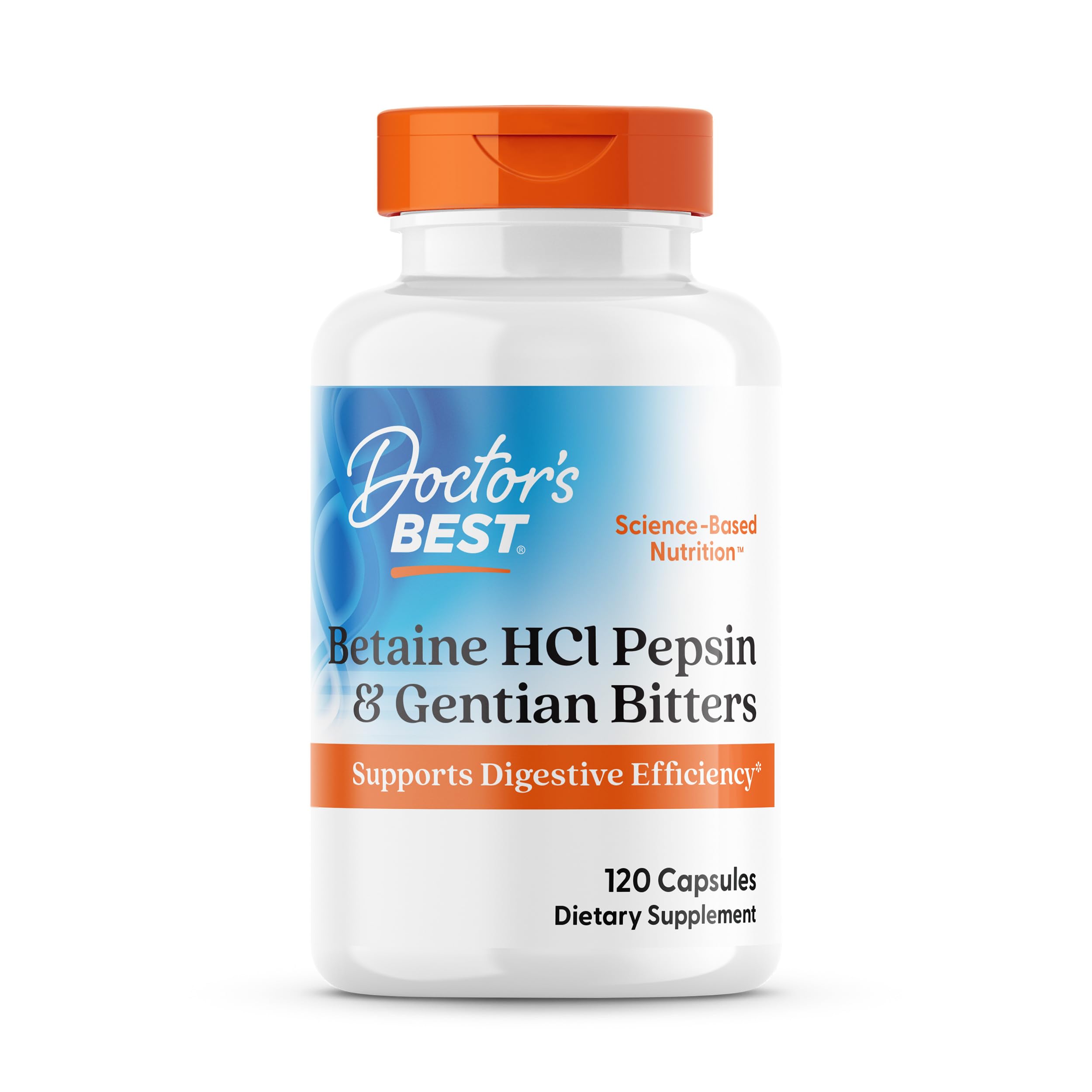 Doctor's Best betaine HCI pepsin gentian bottle showing protein digestion potential.