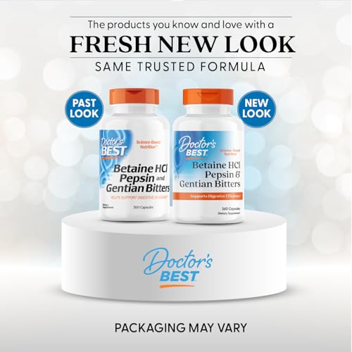 Doctor's Best Betaine HCl Pepsin capsules shown for enzyme-assisted digestion.