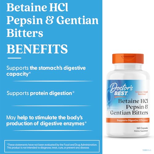 Doctor's Best Betaine HCl Pepsin ingredients panel highlighting digestive blend.