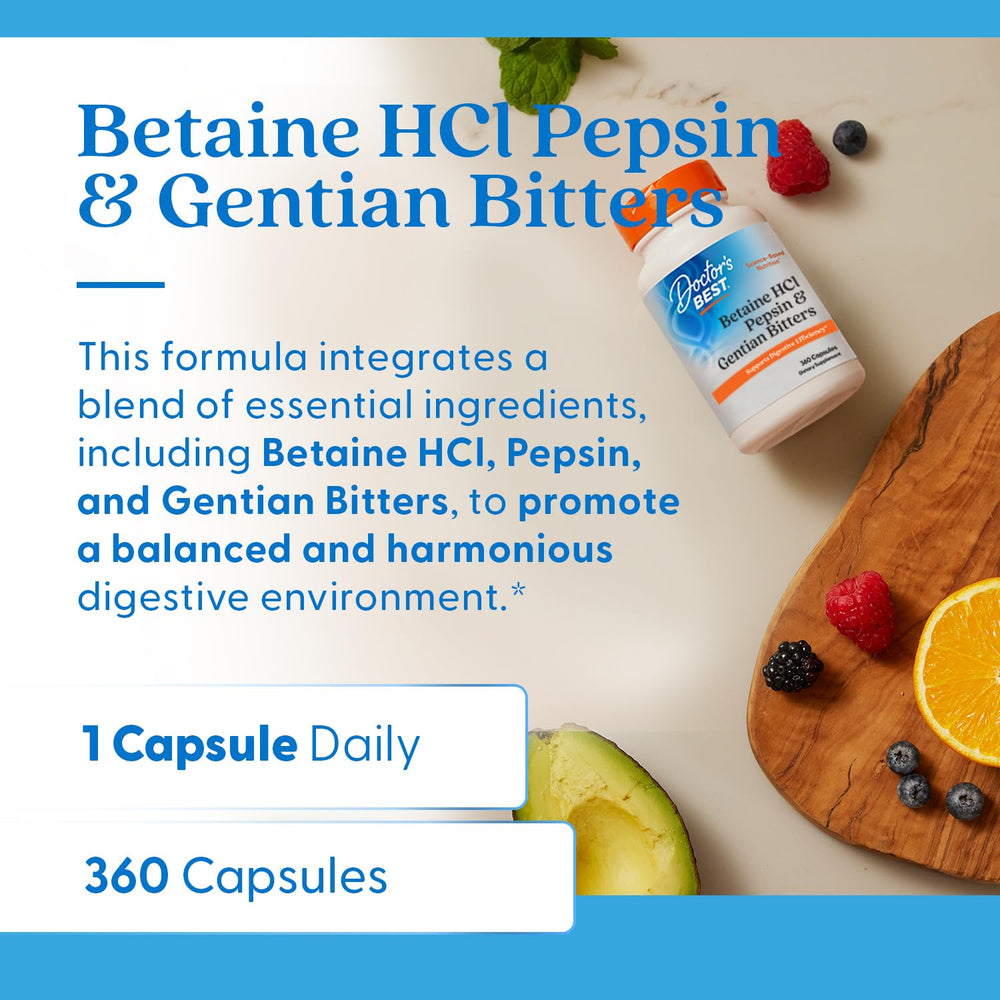 Doctor's Best Betaine HCl Pepsin serving concept illustrating meal-compatible use.