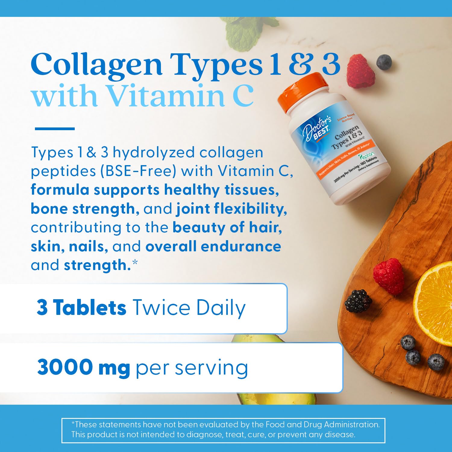 Non-GMO and gluten-free Doctors Best Collagen Types 1 & 3 formulation.
