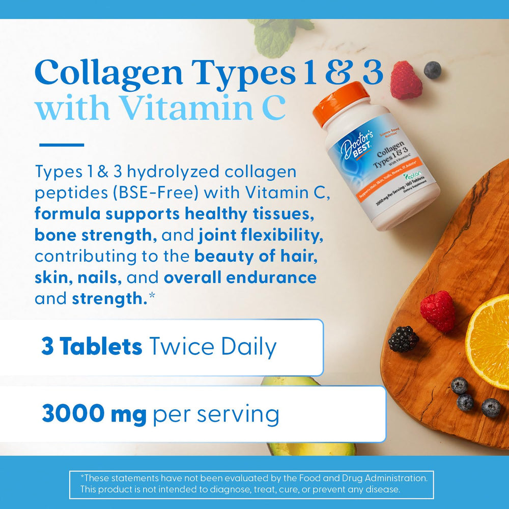 Non-GMO and gluten-free Doctors Best Collagen Types 1 & 3 formulation.