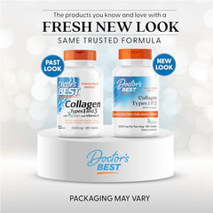 Close-up of Doctors Best Collagen Types 1 & 3 tablets highlights easy absorption benefits.