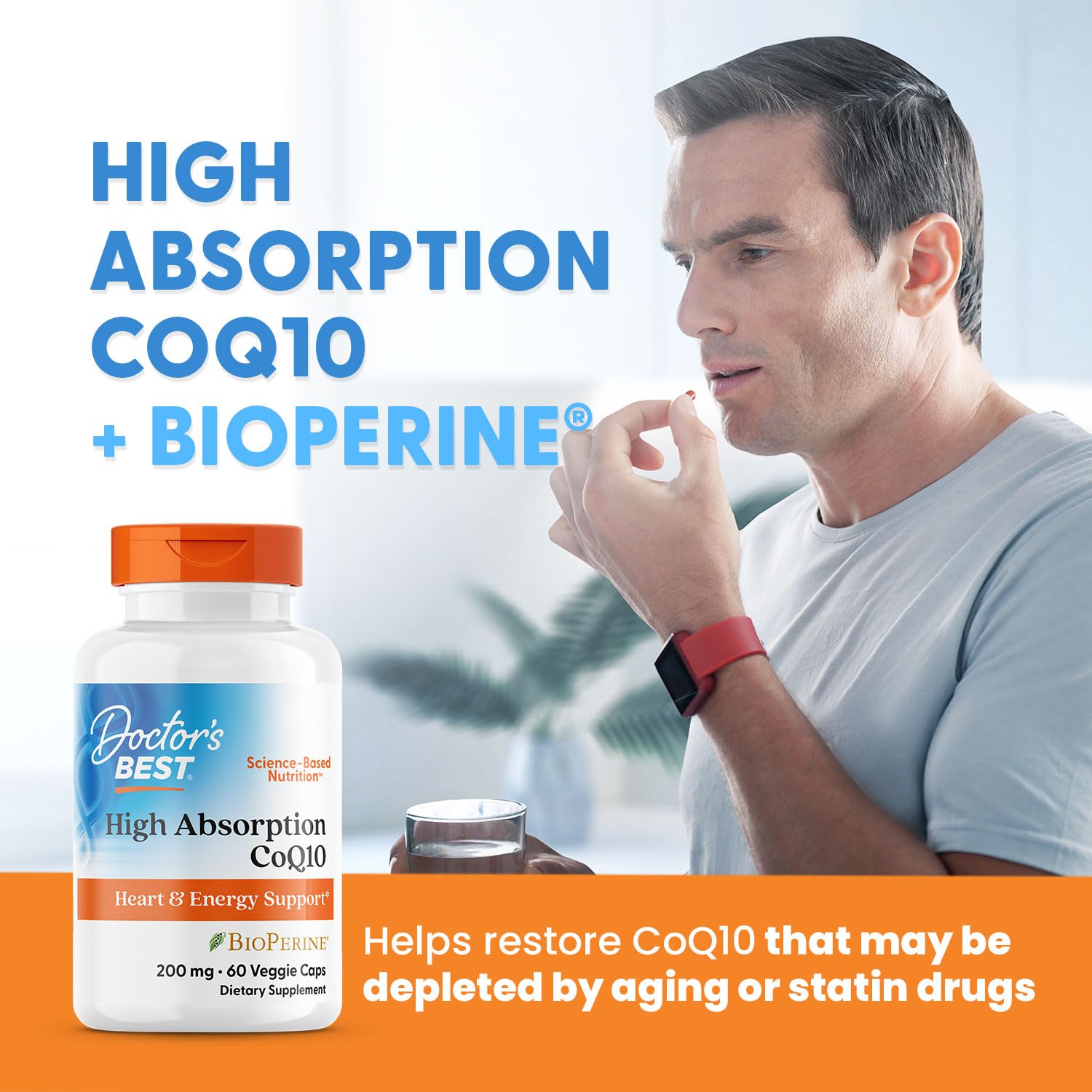 Lifestyle scene of a user taking a Doctor's Best CoQ10 capsule as part of a daily routine.