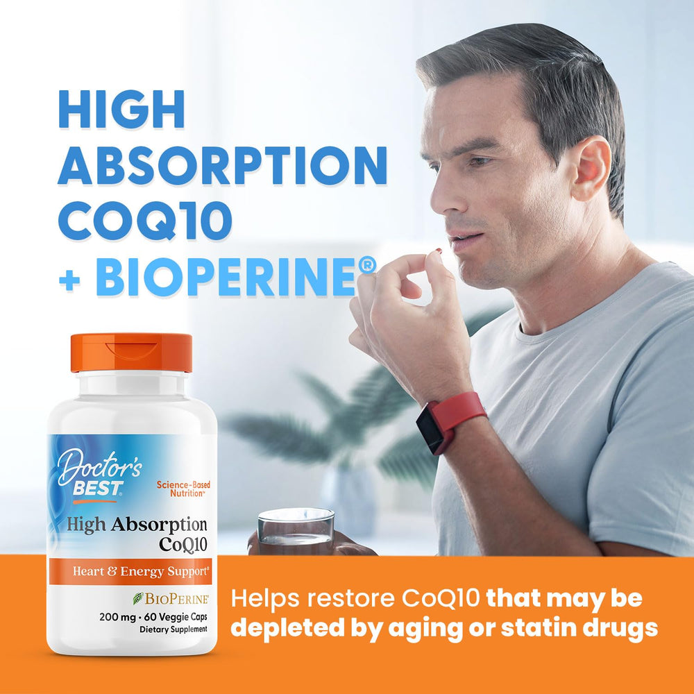 Lifestyle scene of a user taking a Doctor's Best CoQ10 capsule as part of a daily routine.