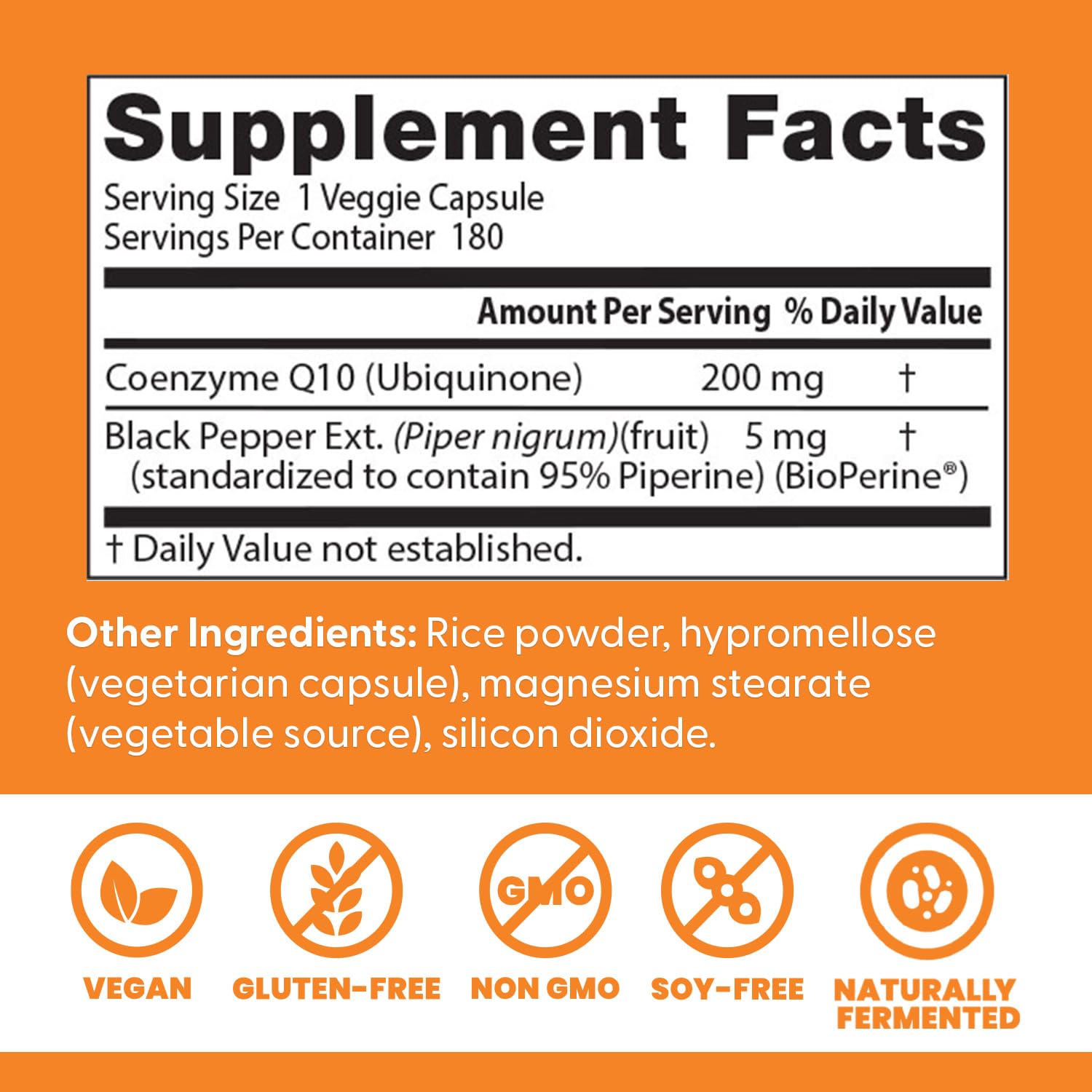 Bottle label shows BioPerine to support improved absorption of CoQ10.
