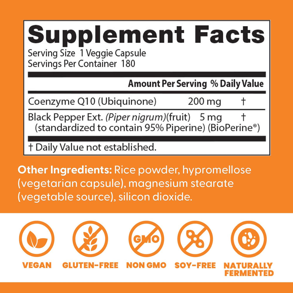 Bottle label shows BioPerine to support improved absorption of CoQ10.