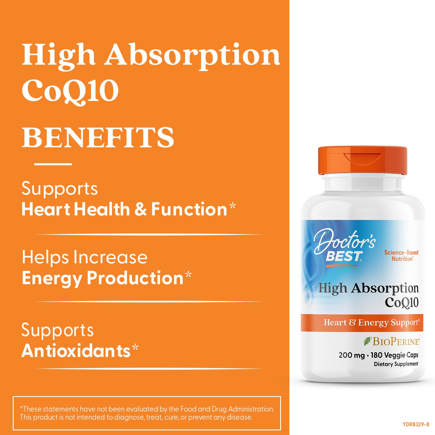 Close-up of Doctor's Best CoQ10 capsules highlighting vegan formula and easy daily use.