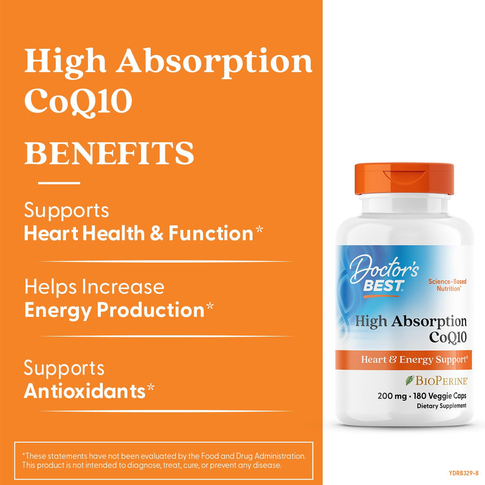 Close-up of Doctor's Best CoQ10 capsules highlighting vegan formula and easy daily use.