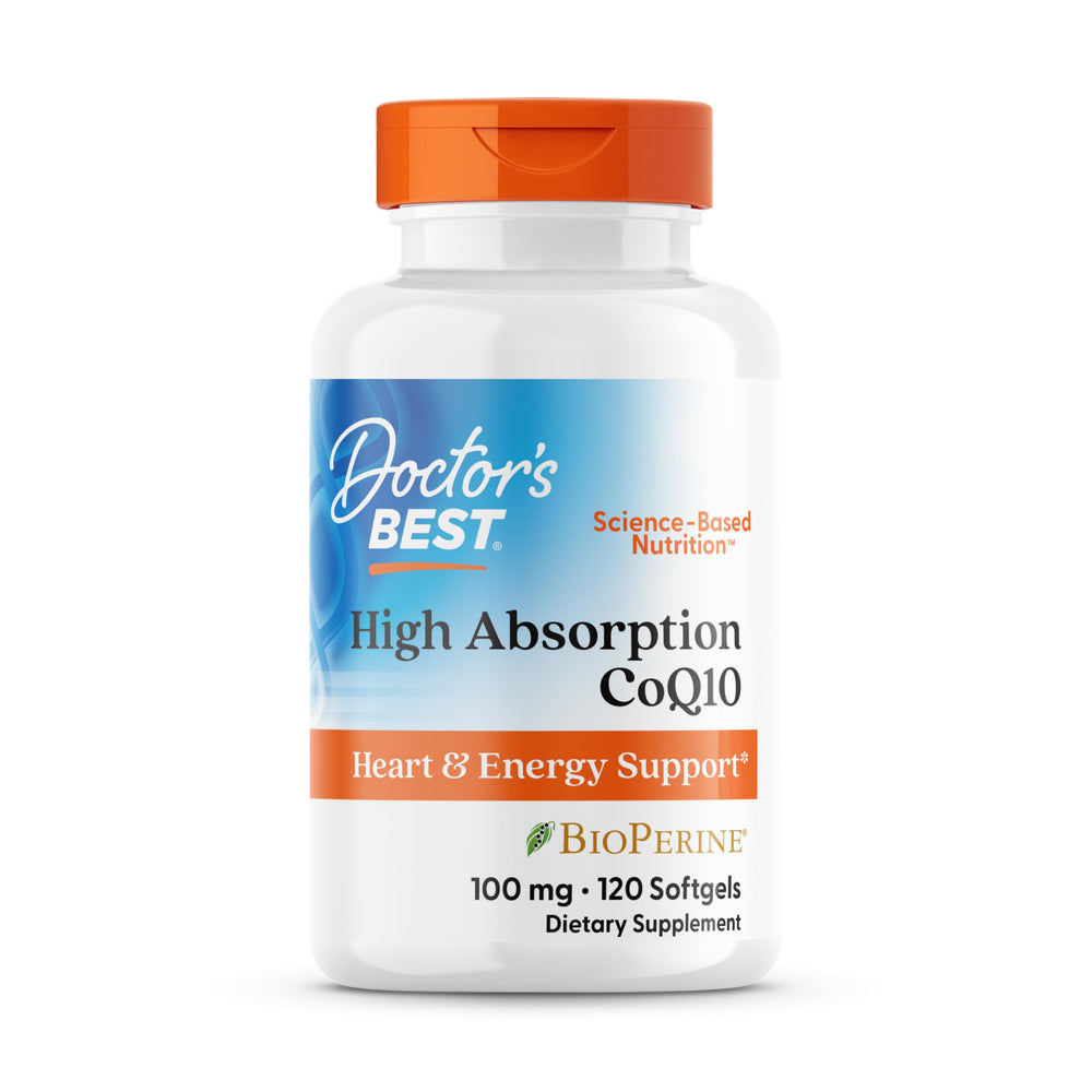 Doctor's Best CoQ10 bottle front showing label and 120 softgels highlighting heart health potential.