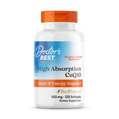 Doctor's Best CoQ10 bottle front showing label and 120 softgels highlighting heart health potential.
