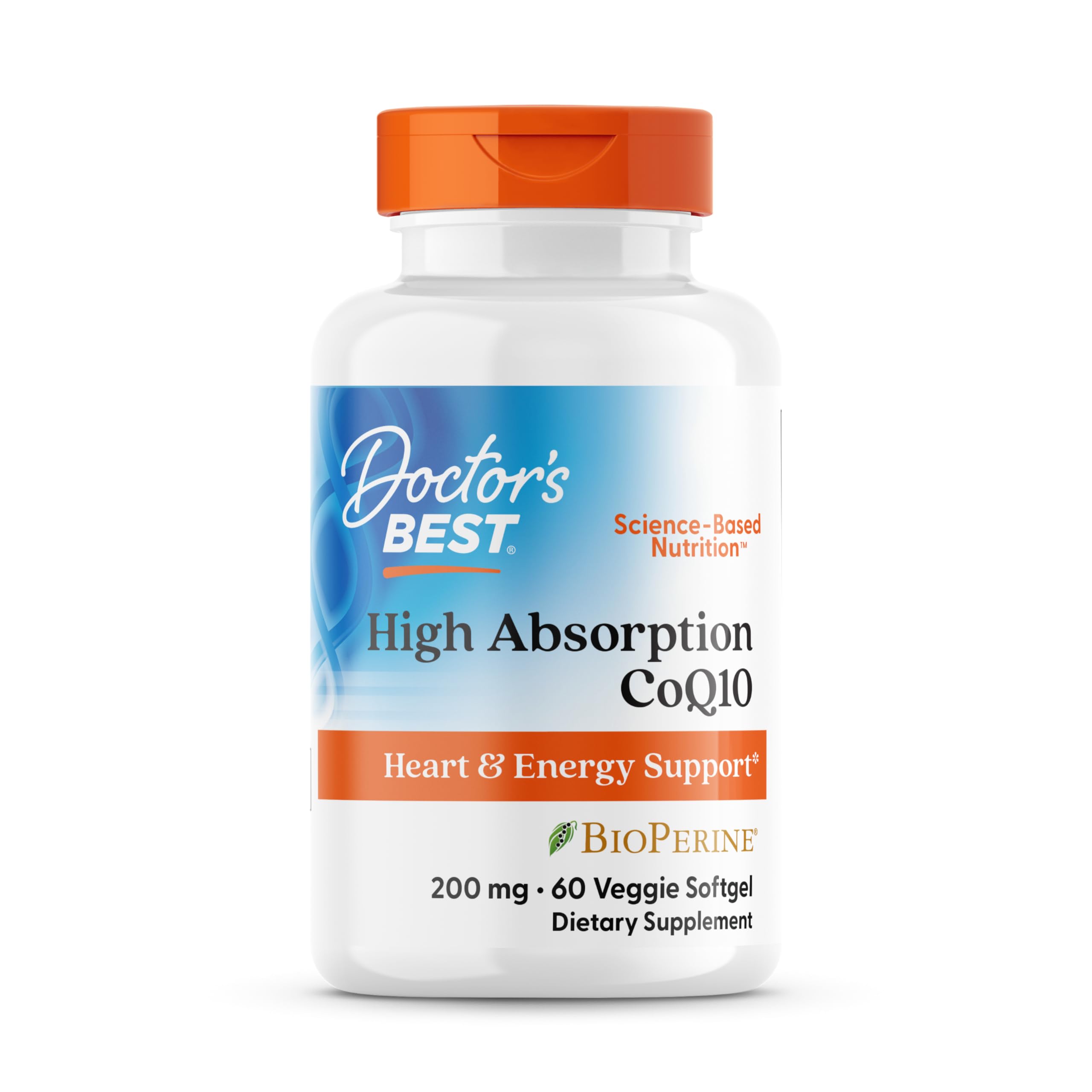 Doctor's Best CoQ10 bottle highlights high absorption formula for energy and heart health.
