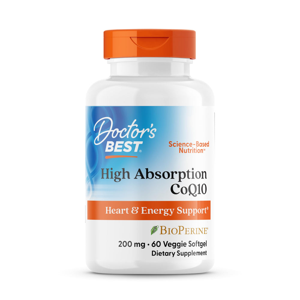 Doctor's Best CoQ10 bottle highlights high absorption formula for energy and heart health.