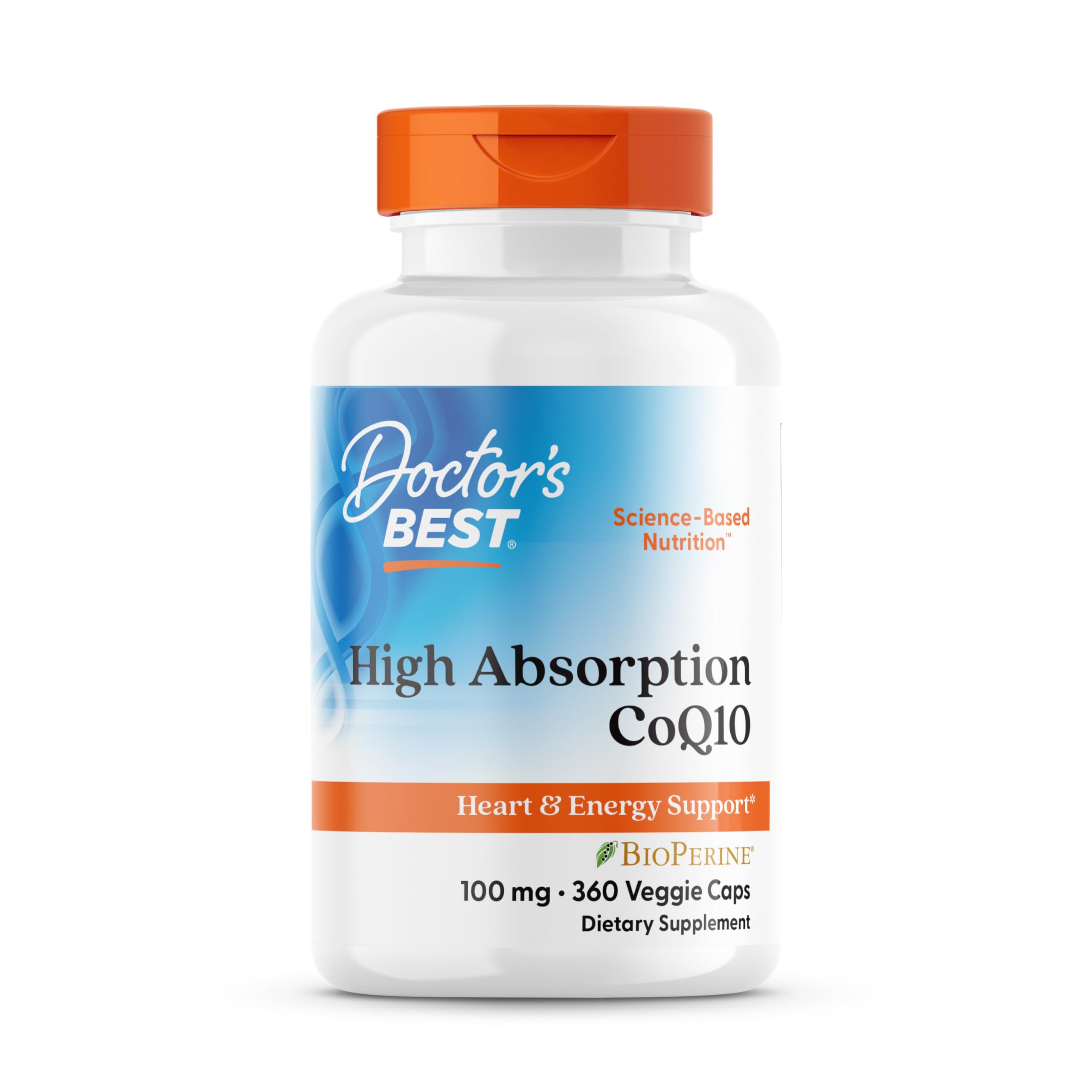 Doctor's Best CoQ10 bottle with label and veggie capsules for heart support.