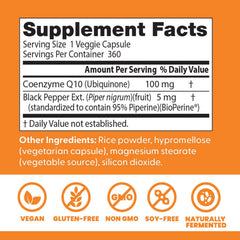 Doctor's Best CoQ10 label highlights vegan, gluten-free and non-GMO claims.