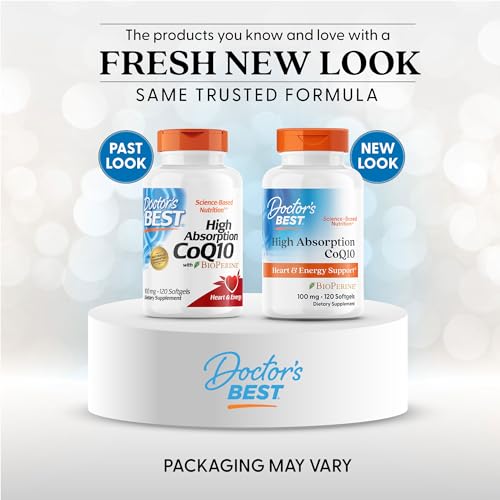 Doctor's Best CoQ10 softgels closeup emphasizing natural fermentation and 100 mg potency.