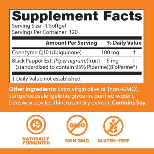Doctor's Best CoQ10 softgels back label and capsules shown for product transparency.