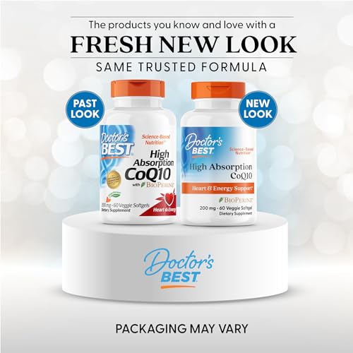 Closeup of Doctor's Best CoQ10 softgels emphasizes vegetarian, gluten-free capsules for daily use.