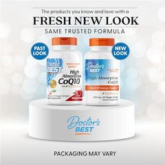 Closeup of Doctor's Best CoQ10 softgels emphasizes vegetarian, gluten-free capsules for daily use.