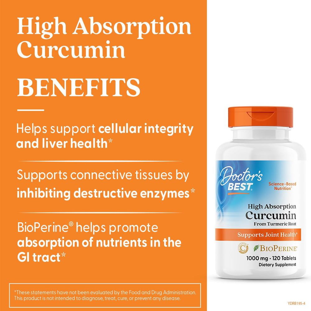 Doctors Best Curcumin C3 Complex 1000 mg tablets arranged for daily joint support