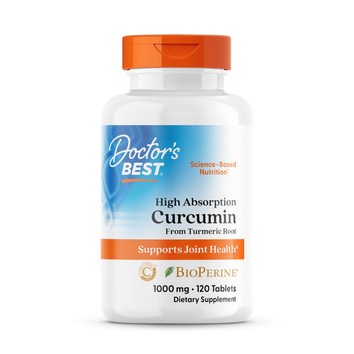Doctors Best Curcumin C3 Complex with BioPerine bottle closeup showing absorption support