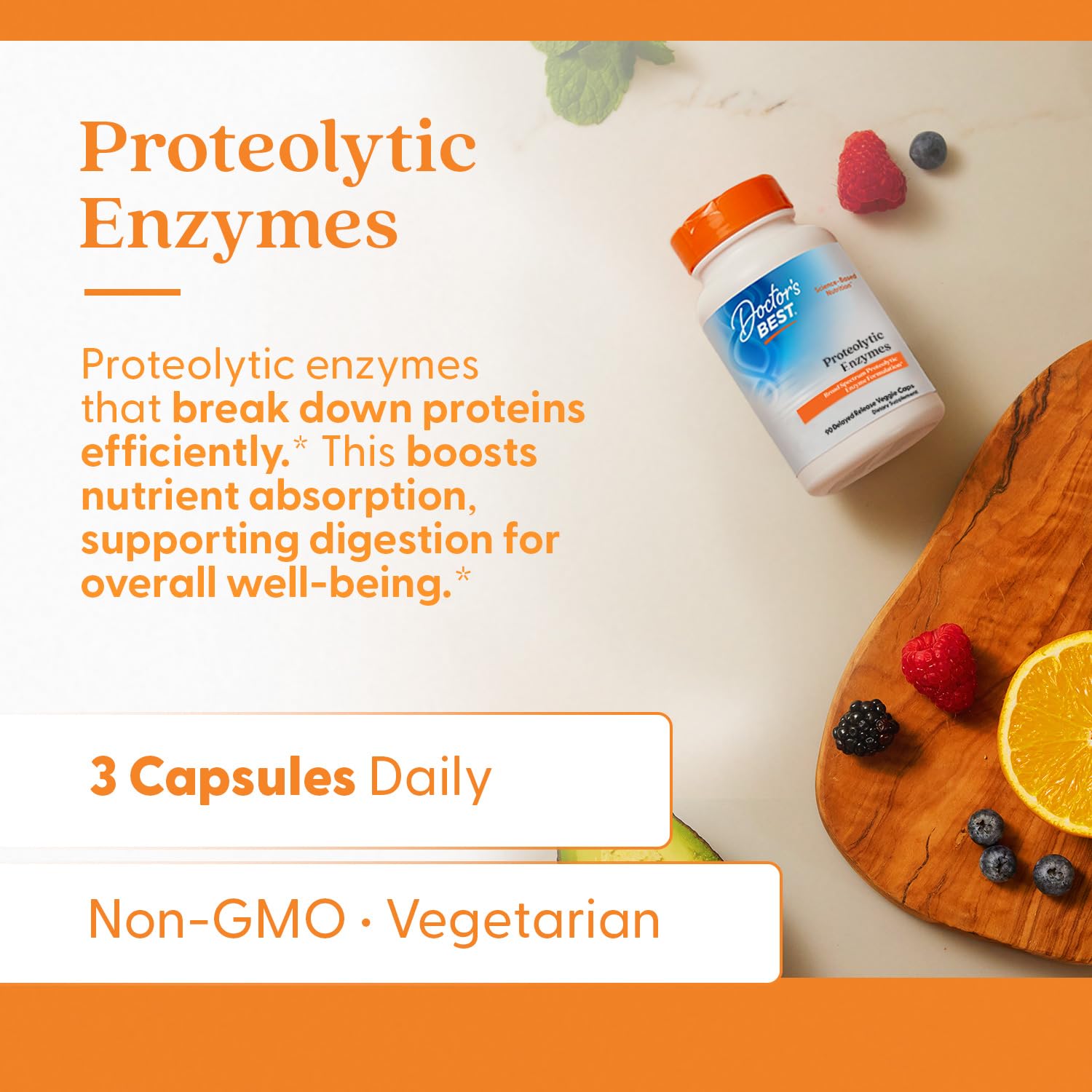Doctor's Best digestive wellness packaging conveying plant-based enzyme blend.