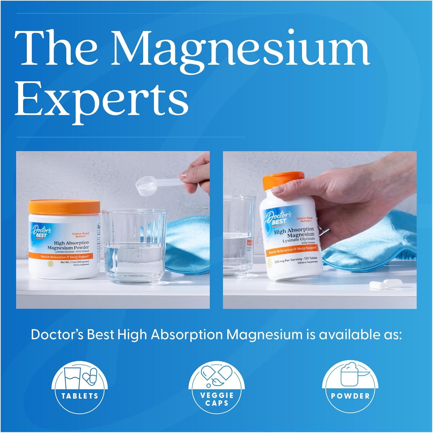 Glass of water beside Doctor's Best tablets for easy intake