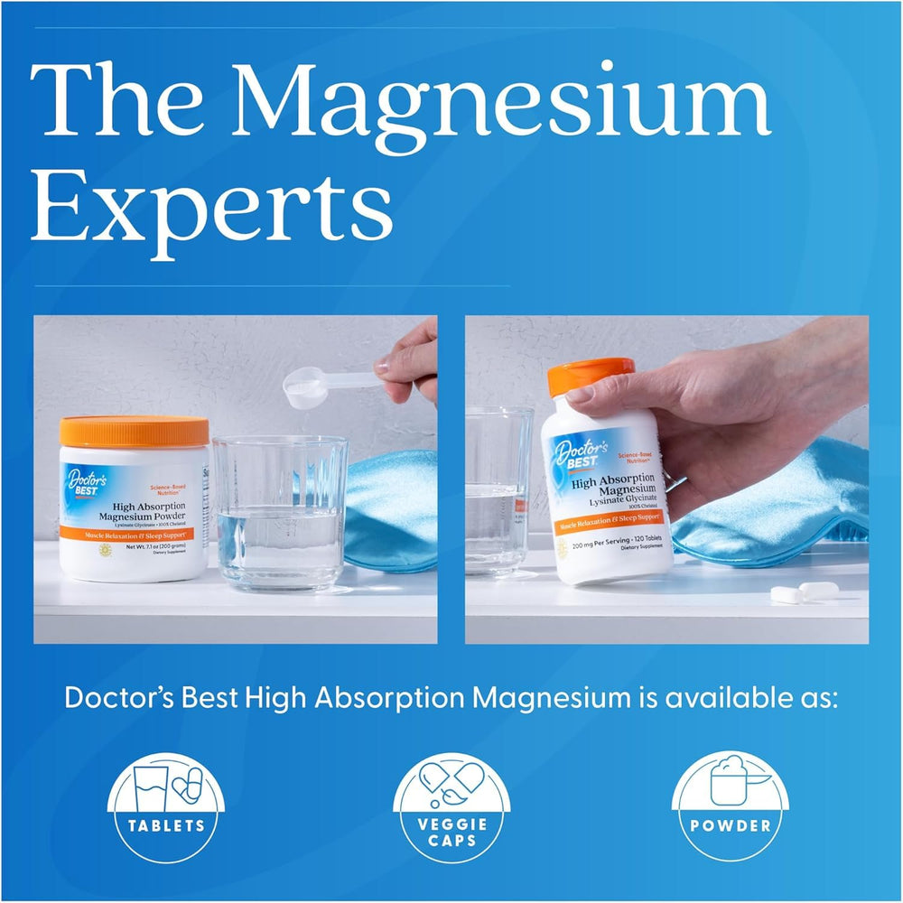 Glass of water beside Doctor's Best tablets for easy intake