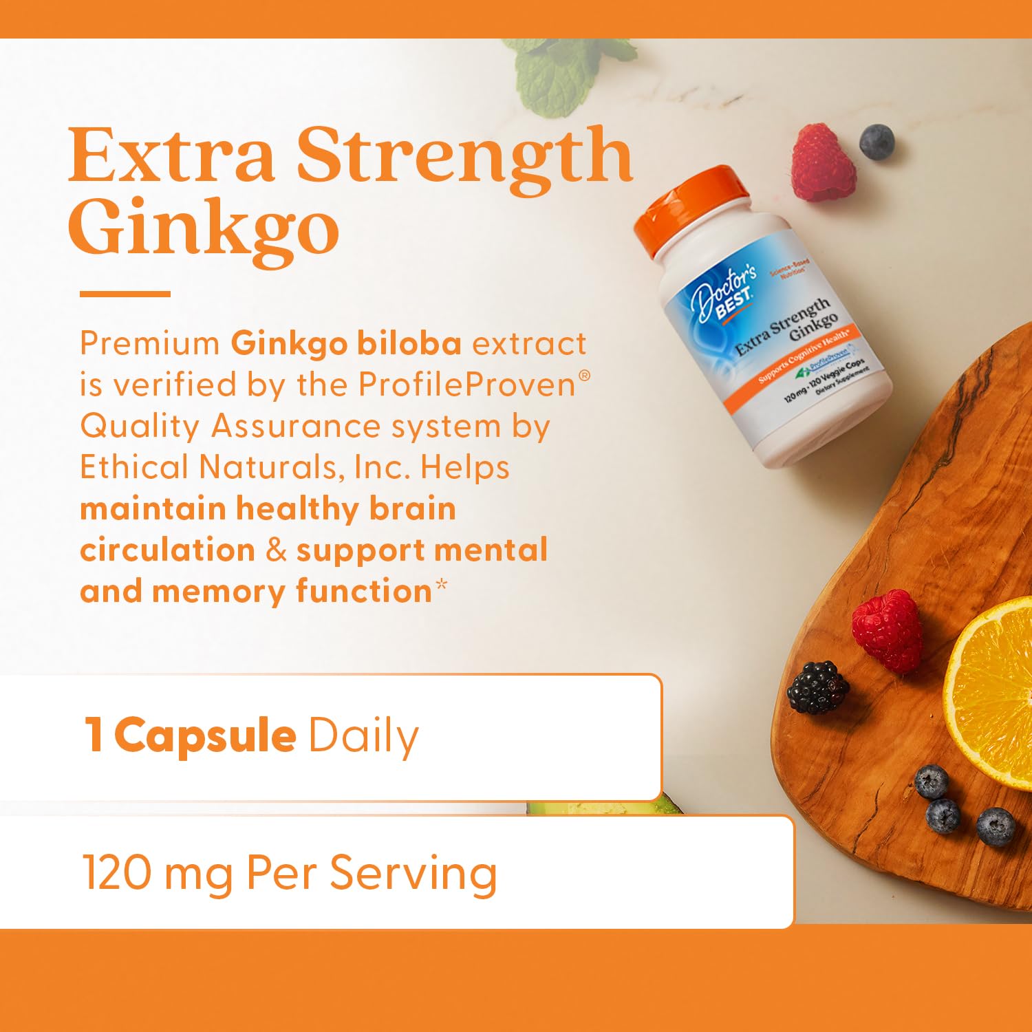 Doctor's Best Ginkgo Biloba capsules on a wooden surface, ideal for study breaks.