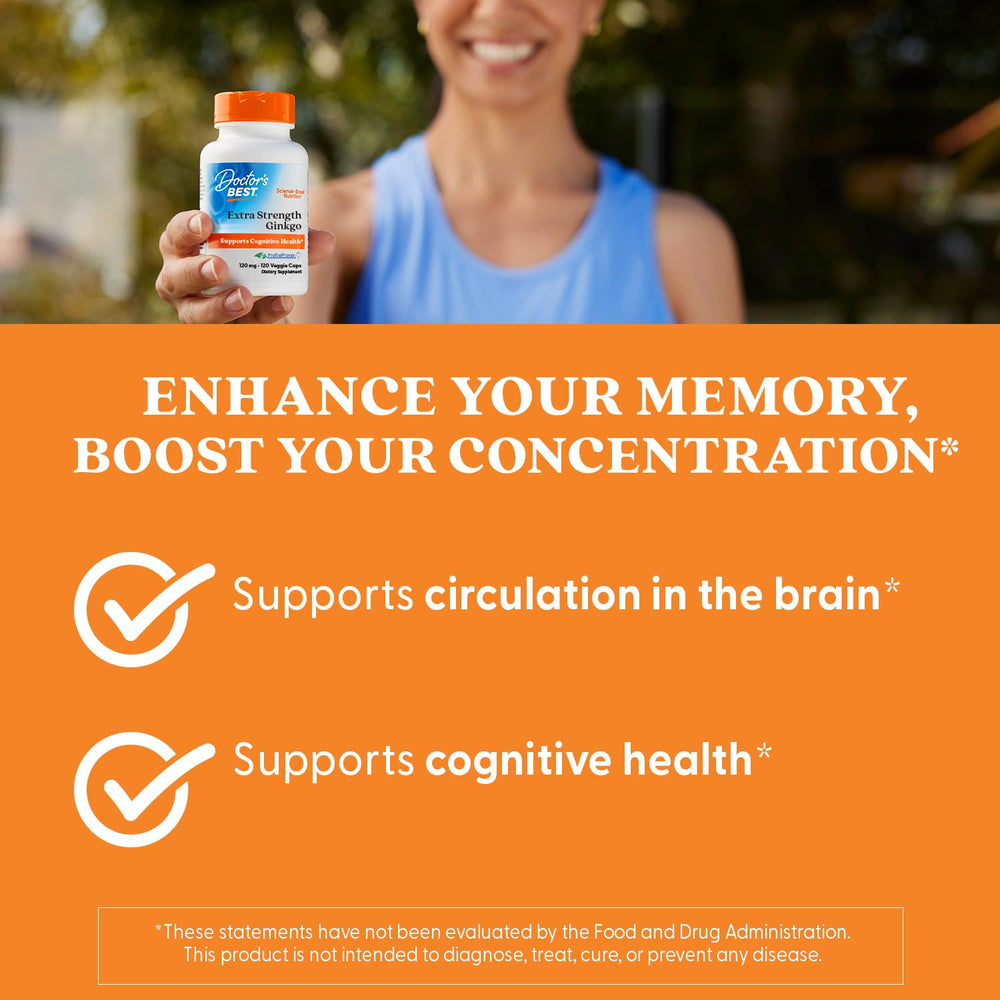 Doctor's Best Ginkgo Biloba capsules packaging box highlights vegan and gluten-free features.