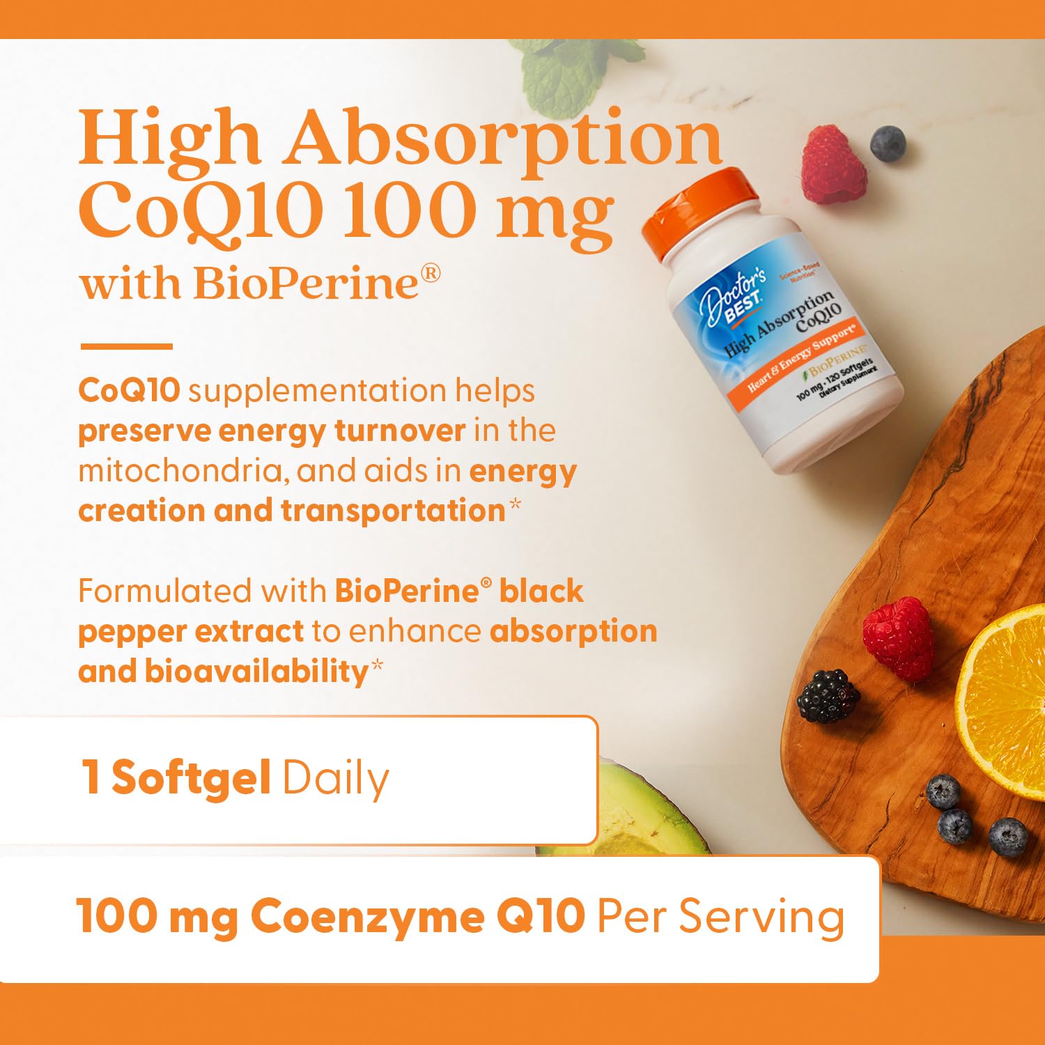 Doctor's Best gluten-free non-GMO label on CoQ10 packaging.